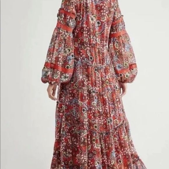 Free People Cassis Printed Chiffon Dress Tiered LinedFloral Red Pink Blue Yellow - Picture 2 of 6